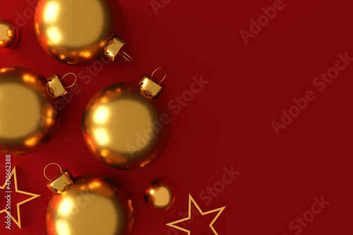merry christmas and new year 2022 presents concept. red gift boxes  golden ball   golden star  2022 3d text and christmas decor on red background. top view. flat lay. 3D illustration