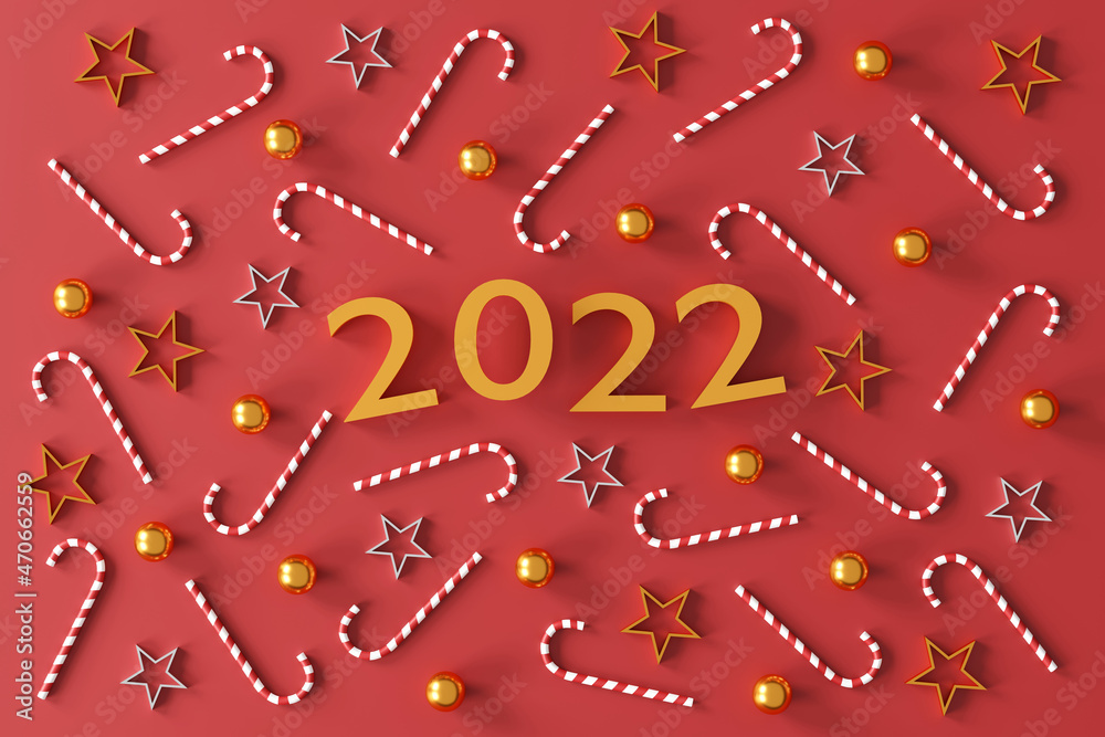merry christmas and new year 2022 presents concept. red gift boxes, golden ball,  golden star, 2022 3d text and christmas decor on red background. top view. flat lay. 3D illustration