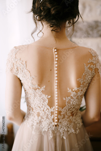 Back of the bride in a lace dress with a beautiful hairstyle