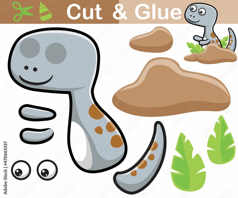 Vector illustration of dinosaur cartoon hiding in leaves and stones. Cutout and gluing Vector illustration of dinosaur cartoon hiding in leaves and stones. Cutout and gluing