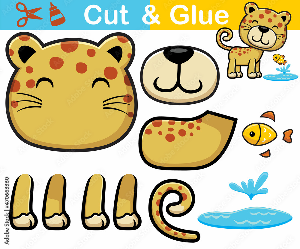 Vector illustration of leopard cartoon with little fish. Education paper game for children. Cutout and gluing.