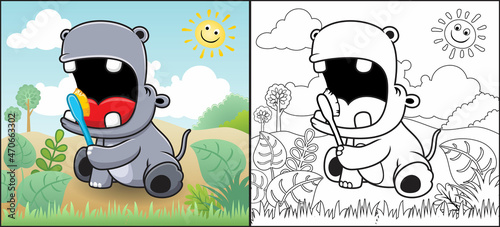 Coloring book or page of funny hippo cartoon brushing its teeth at morning with smiling sun
