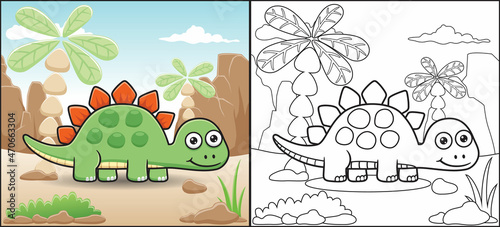 Coloring book or page of stegosaurus cartoon on mountains rock background