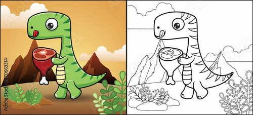 Coloring book or page of dinosaur cartoon carrying meat on mountain background