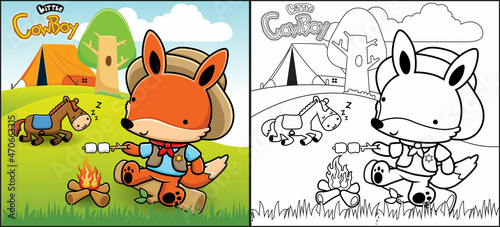 Coloring book or page of fox cartoon wearing cowboy costume grilling meat in camp ground meanwhile horse sleeping on grass