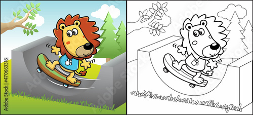 Coloring book or page of lion cartoon playing skateboard in skate pa