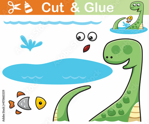 Vector illustration of brontosaurus cartoon with fish in water. Education paper game for children. Cutout and gluing