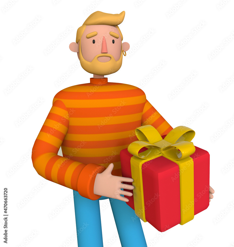 Obraz premium Cartoon Scandinavian man with a beard holding red gift boxes with yellow bows. Guy character holding presents at festive season shopping. Trendy 3d illustration.