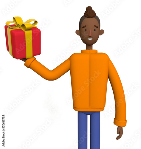 Black guy holding red gift boxes with yellow bows. Cartoon afro american guy holding presents at festive season shopping. Trendy 3d illustration.