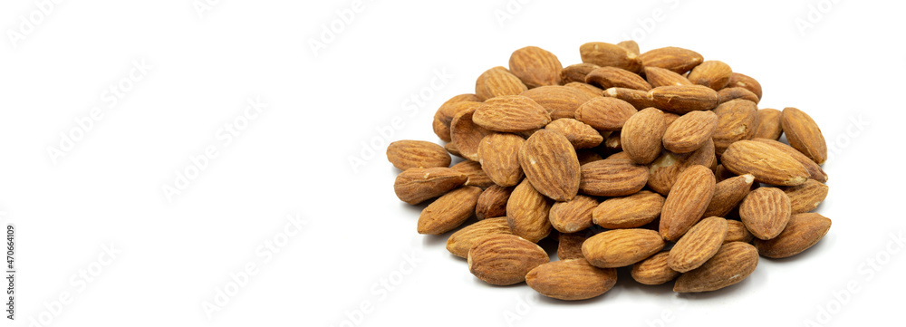 Almond isolated on white background. Snack fresh nuts. close up. Empty space for text. Copy space Almond isolated on white background. Snack fresh nuts. close up. Empty space for text. Copy space