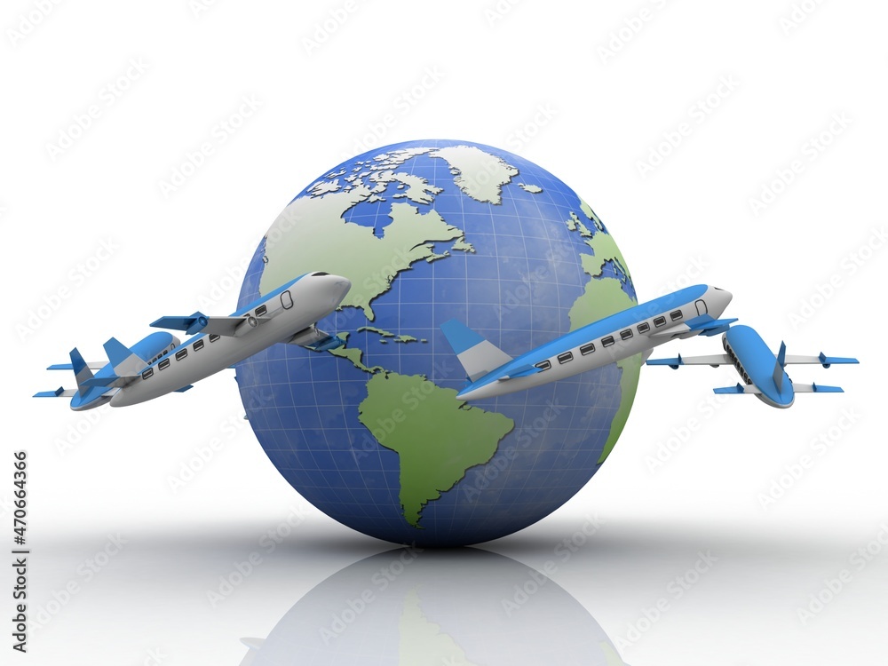 Fototapeta premium 3d rendering Airplane flying around the world 