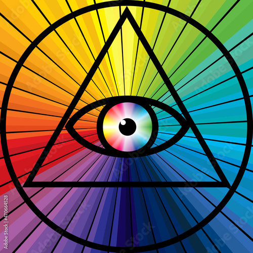 All-Seeing Occult  Eye, Third eye, Eye of providence over a colorful chakra sunburst