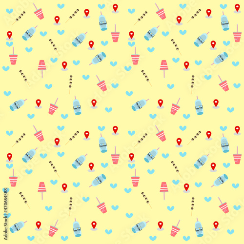 Pink glass and blue water bottle pattern on yellow background.