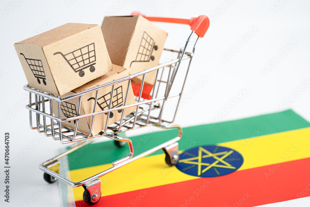 Box with shopping cart logo and Ethiopia flag, Import Export Shopping online or eCommerce finance delivery service store product shipping, trade, supplier concept.