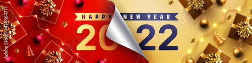 2022 Happy New Year Promotion Poster or banner with open gift wrap paper and gift box in red and gold colors.Change or open to new year 2022 concept.Promotion and shopping template for New Year 2022