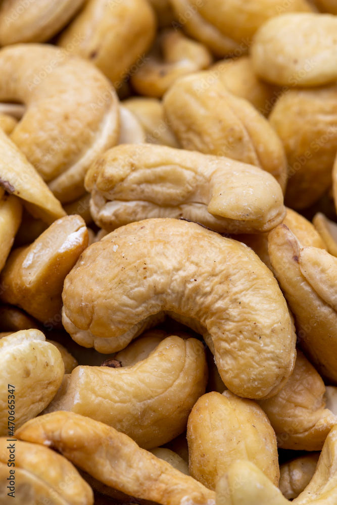 Close-up cashew. food background. Snack Fresh Nuts. Story format