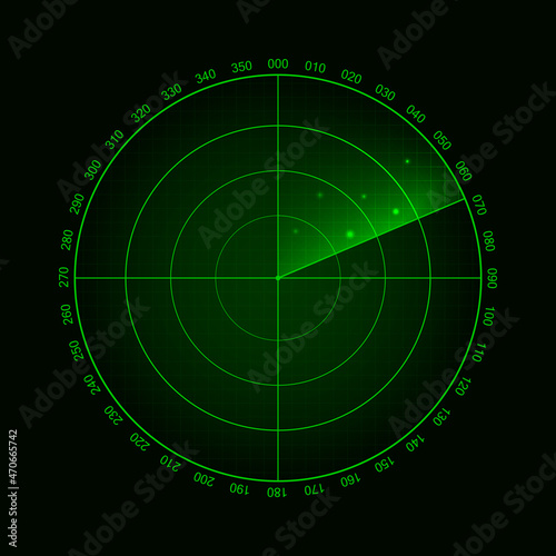 Vector radar screen. Military search system in action with targets. Technology HUD design.