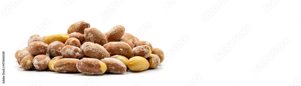 Salted peanuts isolated on white background. Snack nuts. close-up. Empty space for text. Copy space
