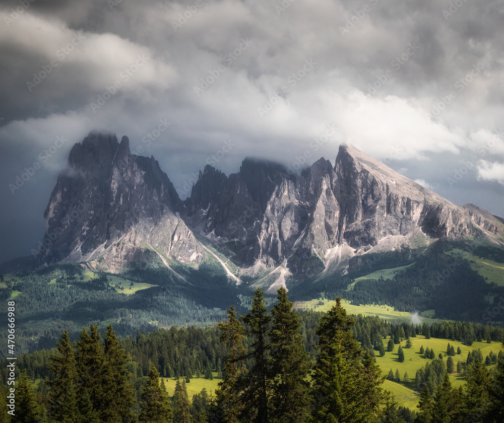 Alpine panorama with two iconic mountains