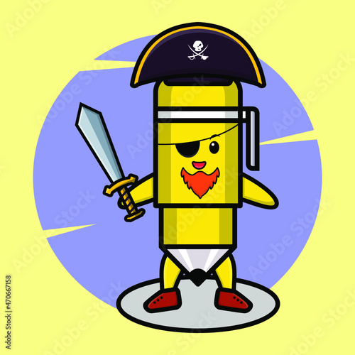 Pen pirate character with hat and holding sword  cute style design for t shirt, sticker, logo element
