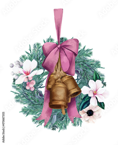 Pine wreath with pink flowers and bells.