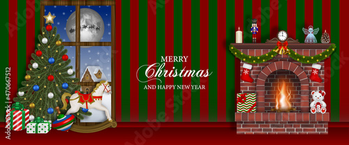 Merry christmas banner with fireplace, christmas tree and toys