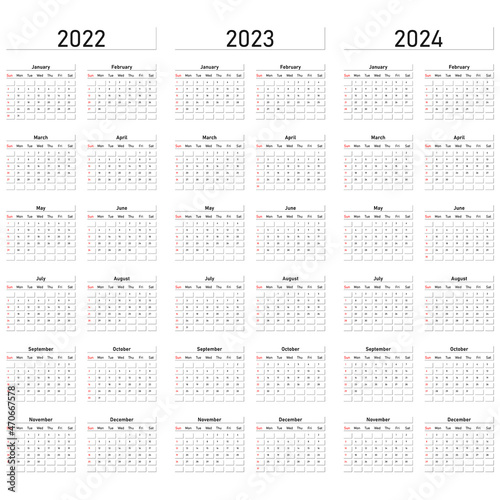English calendars set for 2022, 2023, 2024. Week starts on Sunday. Vector illustration.