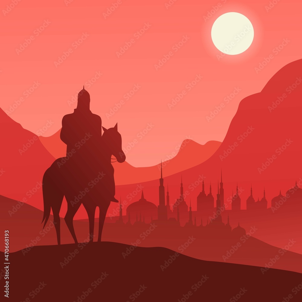 Arabian knight horse in silhouette concept with flat background and beautiful sunset suitable for animation knight character about war on the ocean and flat background collection. eps 10 vector design