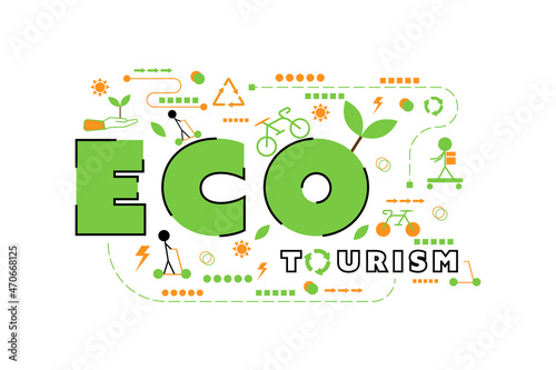 The letter or word of ecotourism with the icon. For presentation, web banner, article. Friendly tourism with ecosystem concept.