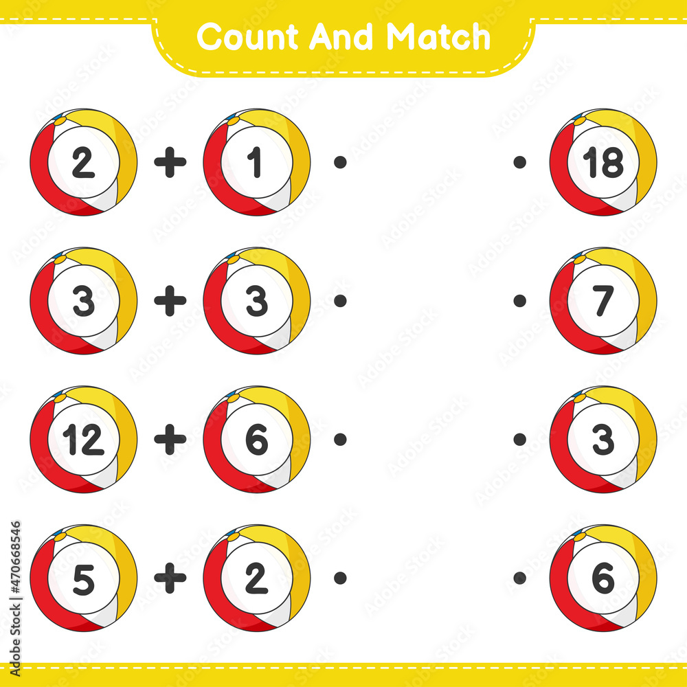 Count and match, count the number of Beach Ball and match with the right numbers. Educational children game, printable worksheet, vector illustration Count and match, count the number of Beach Ball and match with the right numbers. Educational children game, printable worksheet, vector illustration