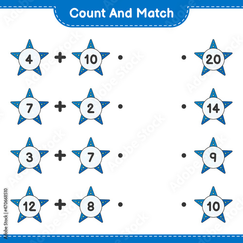 Count and match, count the number of Starfish and match with the right numbers. Educational children game, printable worksheet, vector illustration