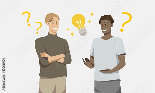 African man and a western man are consulting and expressing creativity. Business and finance concept. Hand draw style. Vector illustration.