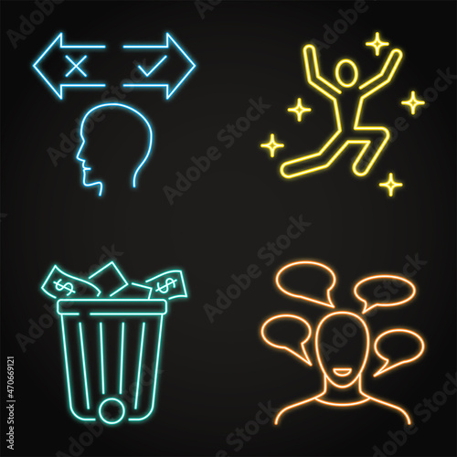 Bipolar disorder, mania or hypomania phase neon icon set