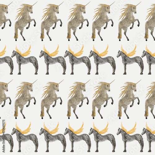 Pattern with gray Pegas and beige Unicorn. On white background. Illustration. 
