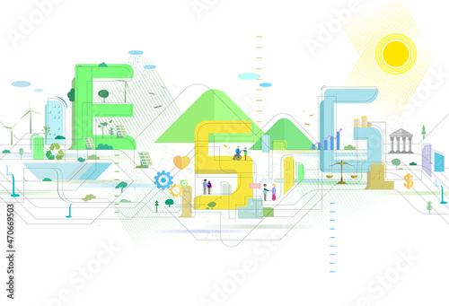 Staggered lines Quality City 4 with Text ESG and some elements of environmental social governance vector illustration graphic EPS 10