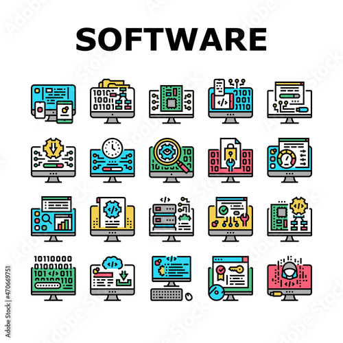 Software Program Development Icons Set Vector. Freeware Download And Upload For Sharing, Programming Code And Script, Hacked And License Software Line. Firmware Color Illustrations