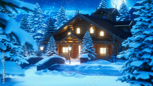 New year and Christmas background. Christmas trees. Branches in the snow. Wooden house among trees. View of the night magic forest and blue sky with stars and a bright moon. Depth of field. 3d render