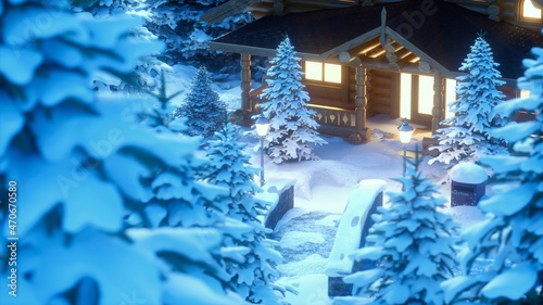 New year and Christmas background. Christmas trees. Branches in the snow. Wooden house among trees. View of the night magic forest and blue sky with stars and a bright moon. Depth of field. 3d render © MIKHAIL