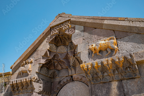 Orbelian or Selim caravanserai entrance to an ancient building with engraved animal patterns located on a mountain pass in Armenia
