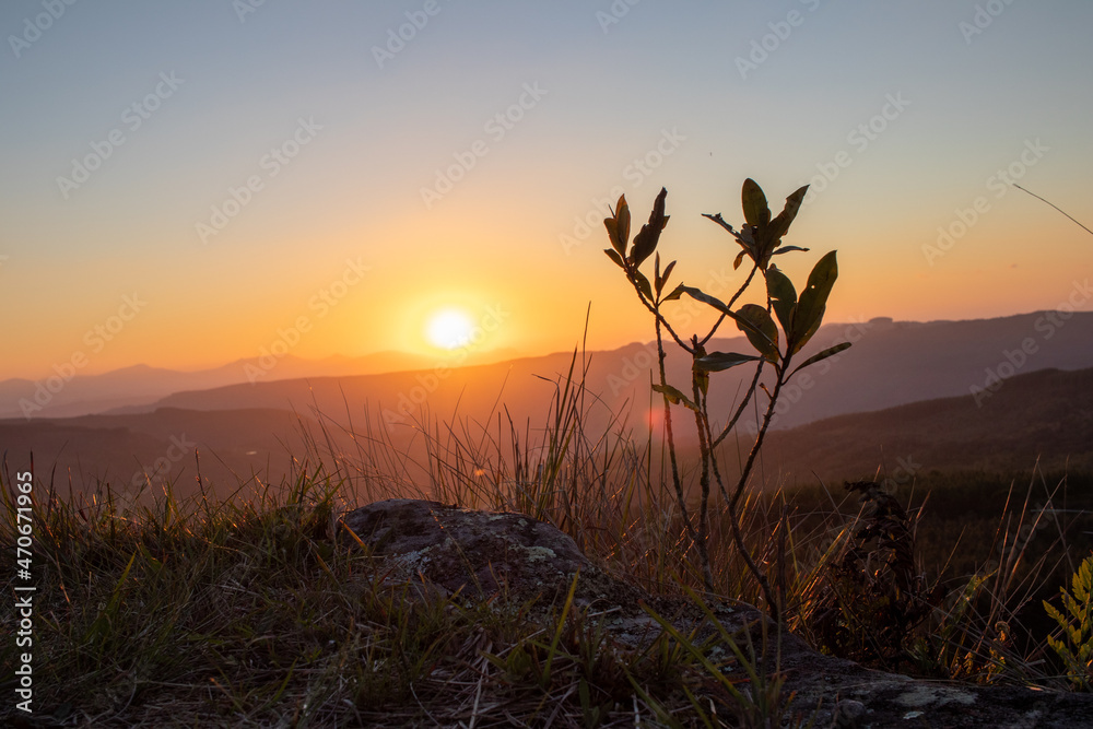 sunset in the late afternoon, sun disappearing behind the mountain, vegetation ahead, multicolored sky