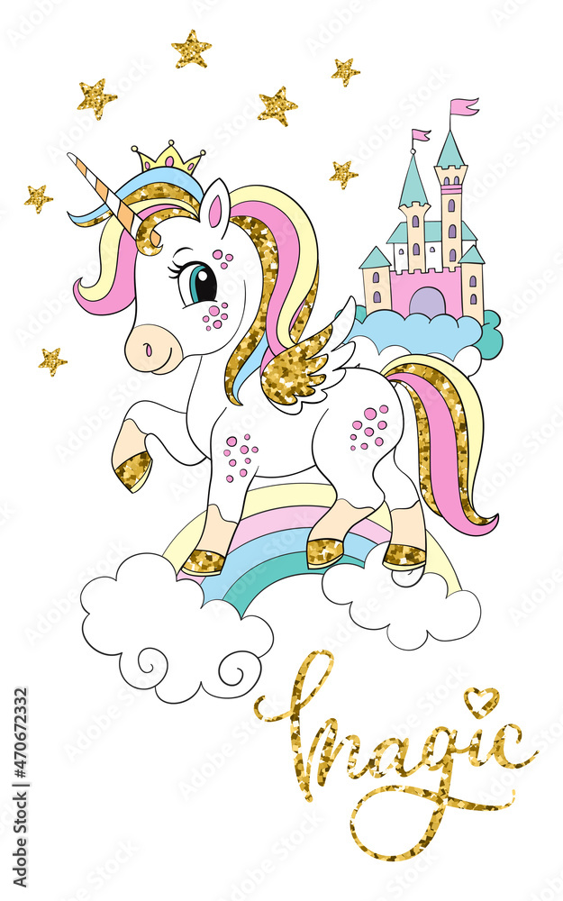Cartoon unicorn and castle vector illustration golden colors