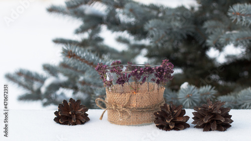 Against the background of white snow and green spruce, a burning candle in a candlestick decorated with sprigs of oregano. The New Year's composition is complemented by cones. Outdoors.