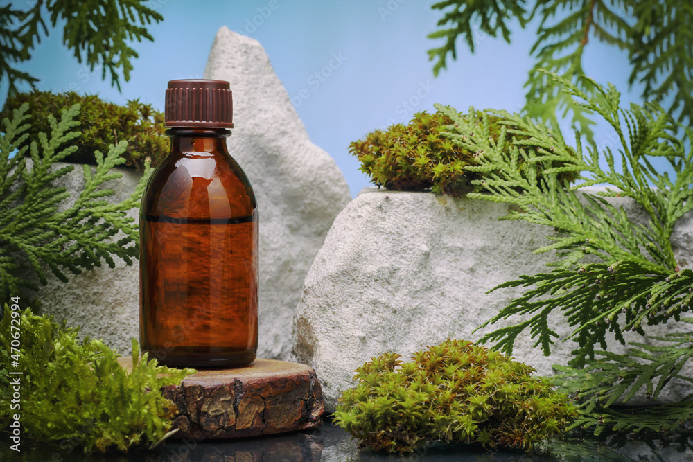 Glass bottle of essential oil on wooden platform among leaves of white cedar and moss against blue background, selective focus. Essence liquid for skin care or alternative medicine. Glass bottle of essential oil on wooden platform among leaves of white cedar and moss against blue background, selective focus. Essence liquid for skin care or alternative medicine.