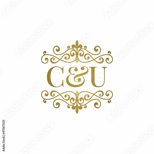 C&U initials logo ornament gold. Letter BA wedding ampersand or business partner symbol.	