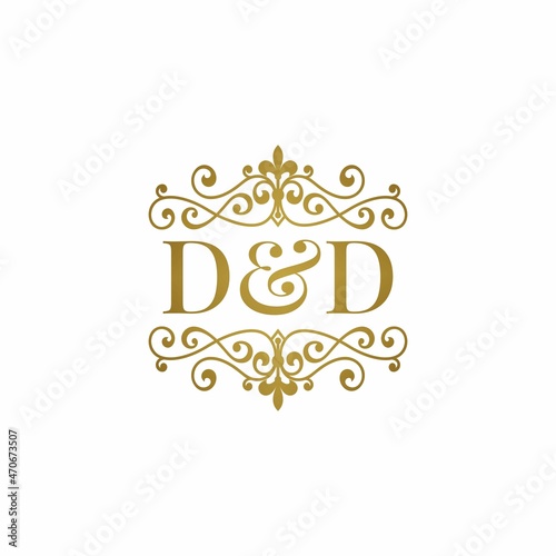 D&D initials logo ornament gold. Letter DD wedding ampersand or business partner symbol.	