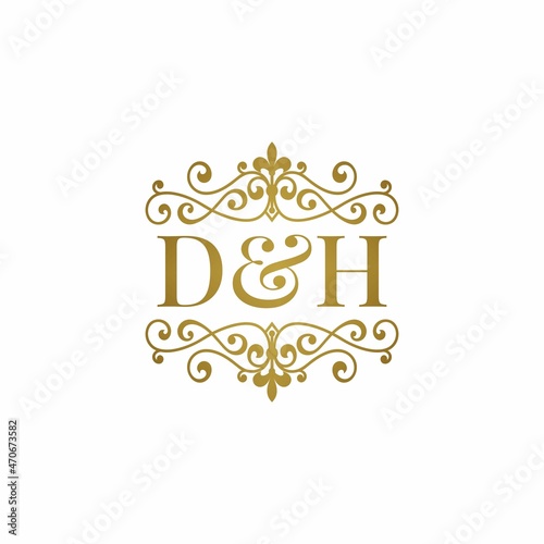 D&H initials logo ornament gold. Letter DH wedding ampersand or business partner symbol.	