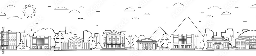 Vector poster with city and mountain views. Line art style. City buildings