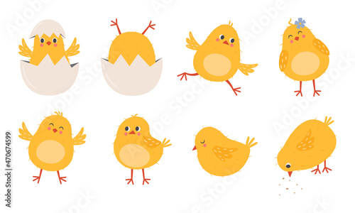 Set of cute baby chicken in flat style. Hand drawn funny chick characters doing various activities. Domestic farm poultry isolated on white background