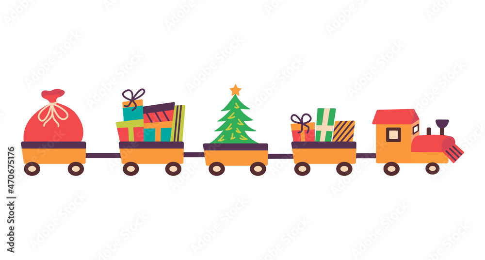 Christmas train with gifts in the carriages, Christmas tree and Santas bag. Delivery of gifts. Colorful vector illustration hand drawn isolated. Happy New Year