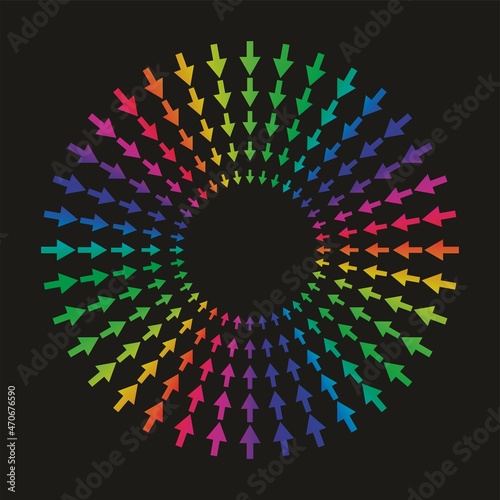 Colorful, rainbow arrows in circles. Vector illustration. Dimension 16:9. EPS10.